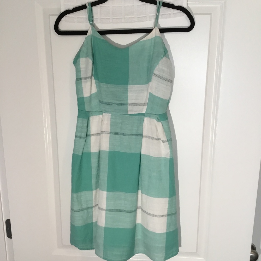 Old Navy Lined Ladies Spaghetti Strap Sun Dress Teal/ White Checkered Size SP